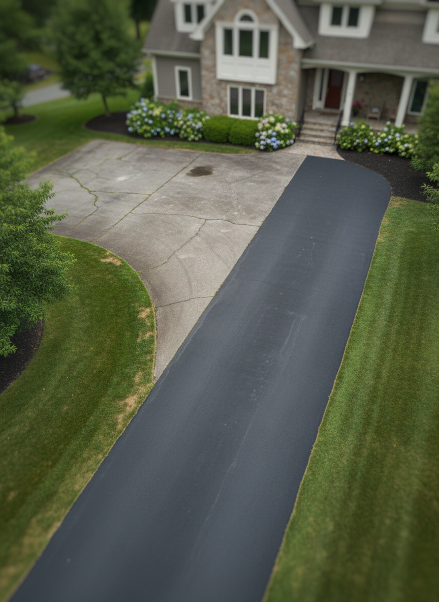 A side-by-side before-and-after aerial-style view of a large asphalt driveway in Nova Scotia, divided diagonally across the frame. One half appears weathered, dull, and lightly stained, while the other half is freshly cleaned, darker, and more uniform in tone with crisp edges along the lawn. Surrounding elements include a well-kept yard and the base of a home’s exterior, rendered in soft focus to emphasize the driveway. Bright but diffused daylight highlights the surface differences without harsh glare. Photographic realism, captured from a high, angled perspective, creates strong visual impact and a bold, dynamic atmosphere that showcases the transformative results of exterior surface cleaning.