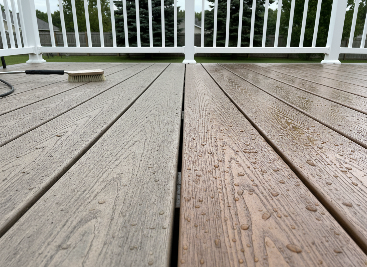 A close-up, photographic view of a composite deck halfway through restoration, showing a dramatic contrast between the weathered, greyed boards on one side and freshly cleaned, rich-toned boards on the other. Beads of water sit on the renewed surface, highlighting protection and sealing. The deck borders a simple railing and overlooks a soft-focus suburban backyard with evergreen trees. Overcast natural light provides even illumination, enhancing the wood grain and textures without harsh shadows. Captured from a low, angled perspective along the lines of the boards, creating strong leading lines. The mood is professional and transformative, with a clean, modern realism that showcases the effectiveness of deck restoration services.