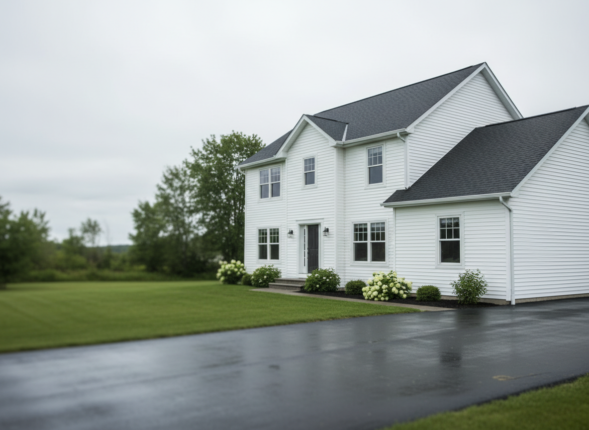 A freshly cleaned two-story suburban home in Nova Scotia with bright white siding and a dark grey roof, its exterior surfaces gleaming and free of dirt. The house sits on a tidy, green lawn with a clear, wet driveway showing subtle reflections of the facade. Soft, diffused overcast daylight typical of the Maritimes gently illuminates the scene, emphasizing cleanliness and crisp edges. Shot from an eye-level angle with a slight three-quarter view, the composition follows the rule of thirds, with the home offset and space for text on one side. Photographic realism, clean and modern aesthetic, sharp focus throughout, calm and reassuring mood conveying reliability and premium property care services.